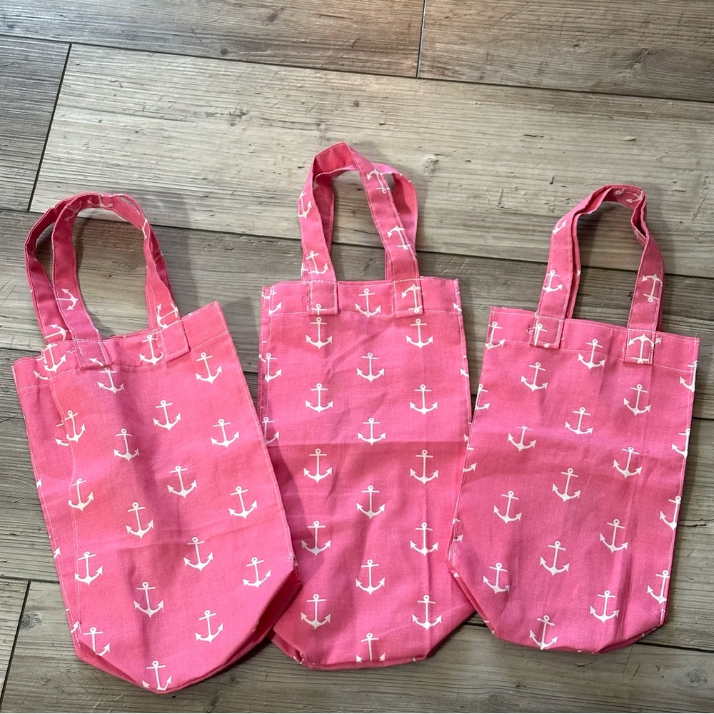 Set Of 3 Party Wine Small Tote Bags Pink With White Anchors